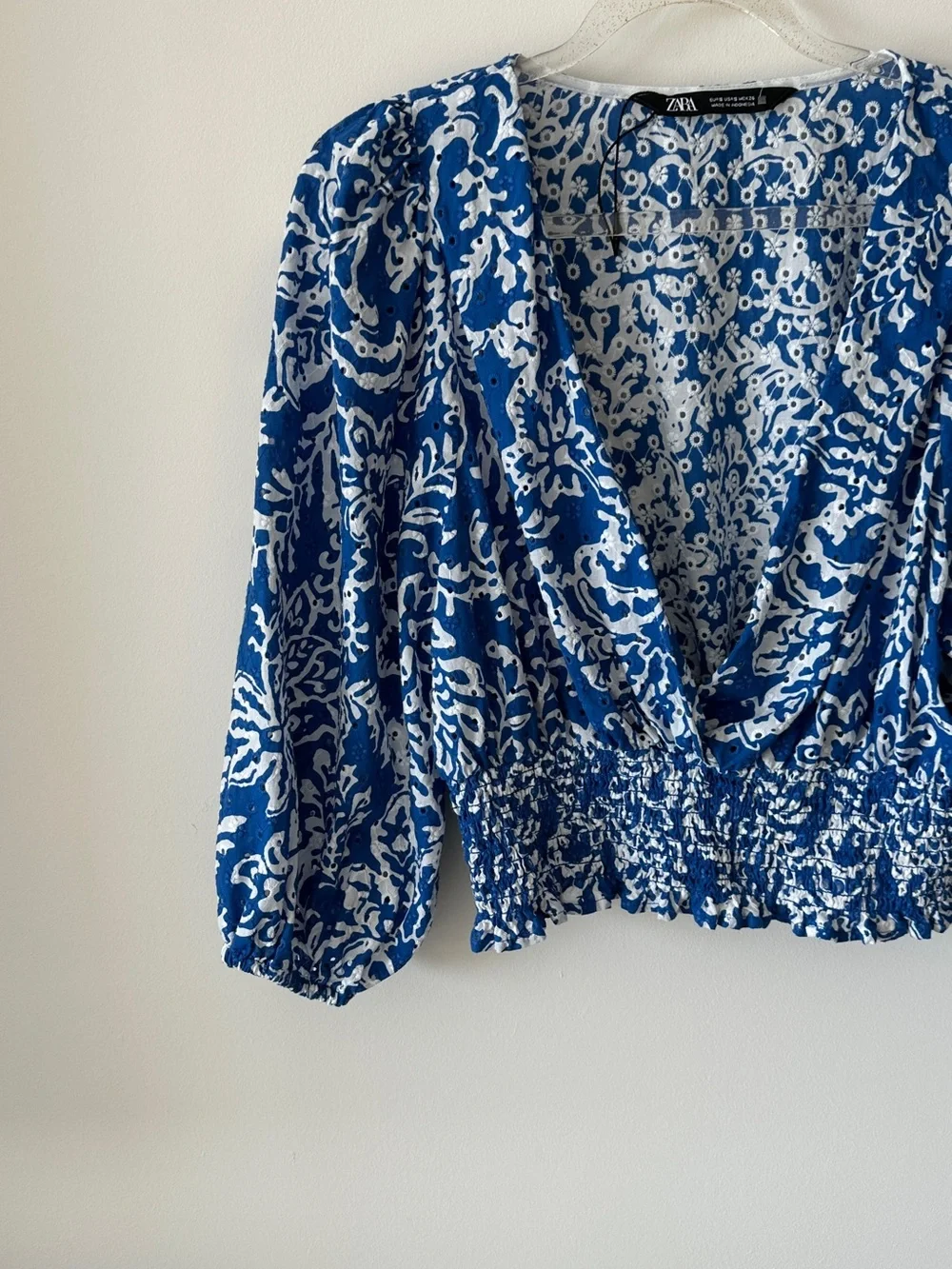 Zara Blue and White Floral Print V-Neck Smocked Waist Blouse